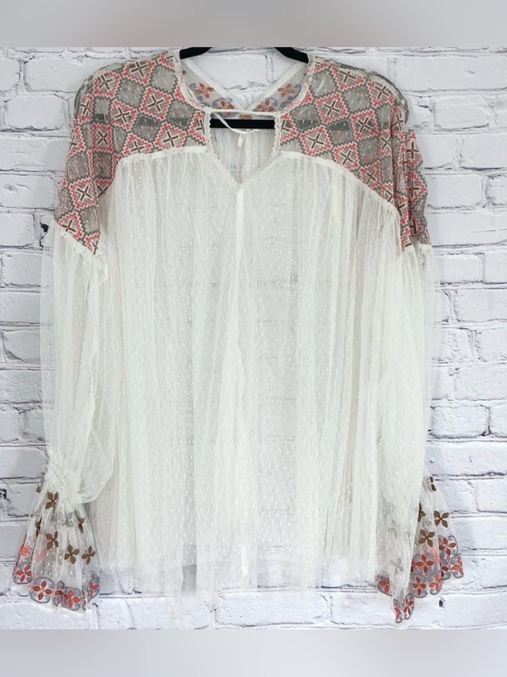 Free People White Sheer Peasant Top with Orange Embroidery